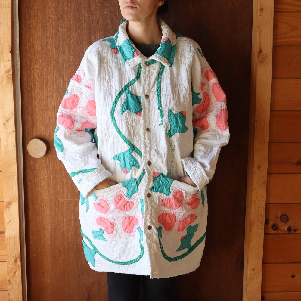 Upcycled Quilt Chore Coat Barn Jacket Appliqué XL • 2XL - Picture 3 of 15